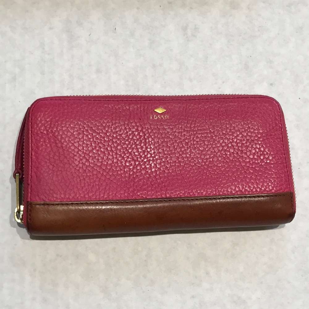 FOSSIL Large Pink / Brown Pebbled Leather Wallet